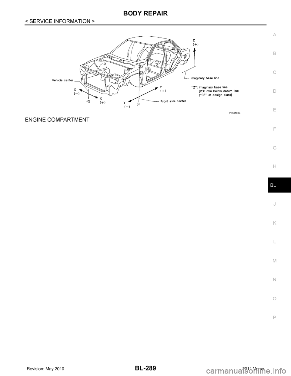 NISSAN LATIO 2011  Service Repair Manual BODY REPAIRBL-289
< SERVICE INFORMATION >
C
DE
F
G H
J
K L
M A
B
BL
N
O P
ENGINE COMPARTMENT
PIIA0104E
Revision: May 2010 2011 Versa 