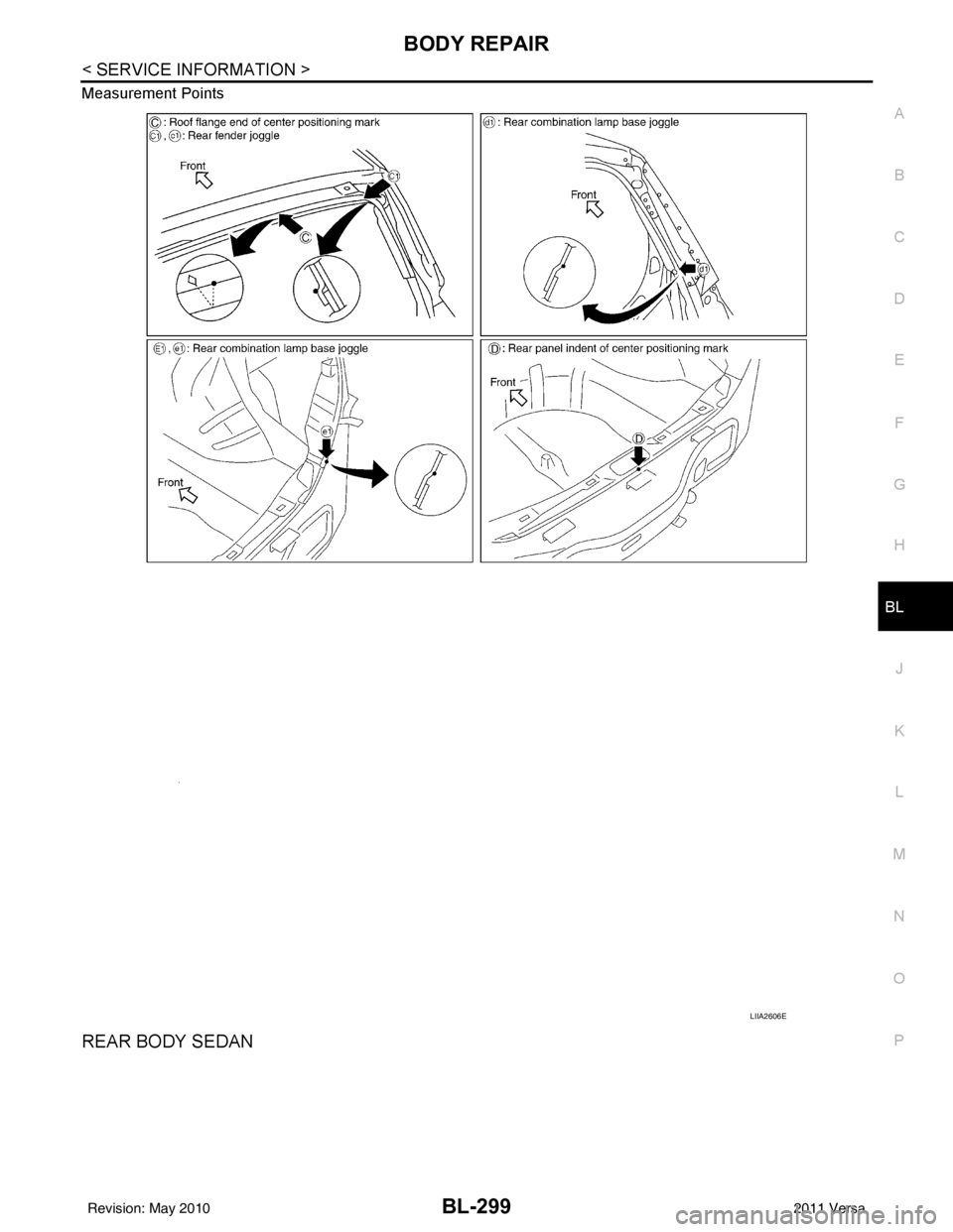 NISSAN LATIO 2011  Service Repair Manual BODY REPAIRBL-299
< SERVICE INFORMATION >
C
DE
F
G H
J
K L
M A
B
BL
N
O P
Measurement Points
REAR BODY SEDAN
LIIA2606E
Revision: May 2010
2011 Versa 