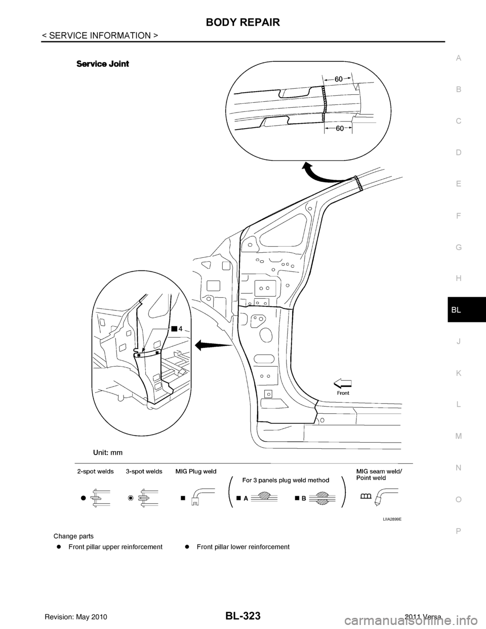 NISSAN LATIO 2011  Service Repair Manual BODY REPAIRBL-323
< SERVICE INFORMATION >
C
DE
F
G H
J
K L
M A
B
BL
N
O P
Change parts �z Front pillar upper reinforcement �zFront pillar lower reinforcement
LIIA2899E
Revision: May 2010 2011 Versa 