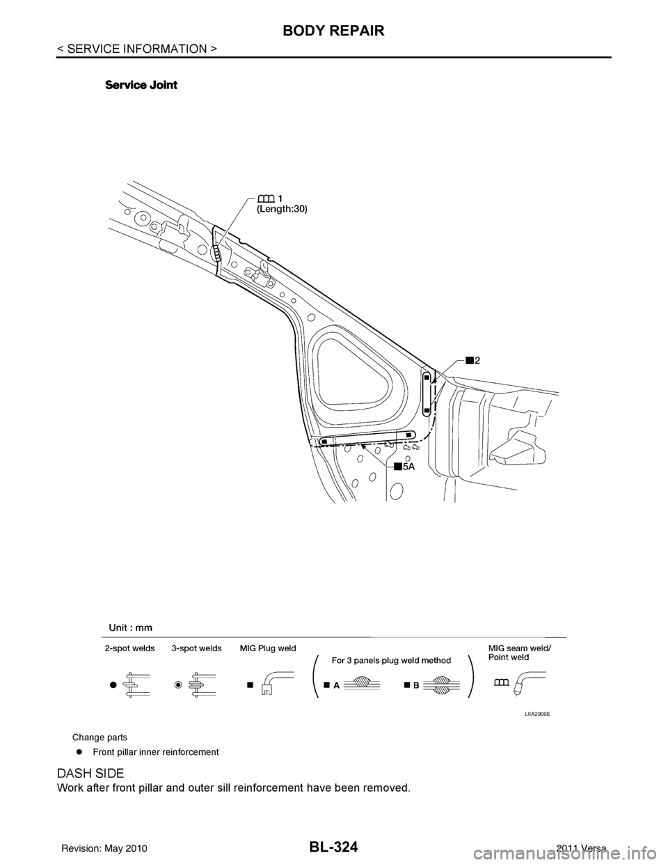 NISSAN LATIO 2011  Service Repair Manual BL-324
< SERVICE INFORMATION >
BODY REPAIR
DASH SIDE
Work after front pillar and outer sill reinforcement have been removed.
Change parts�z Front pillar inne r reinforcement
LIIA2900E
Revision: May 20