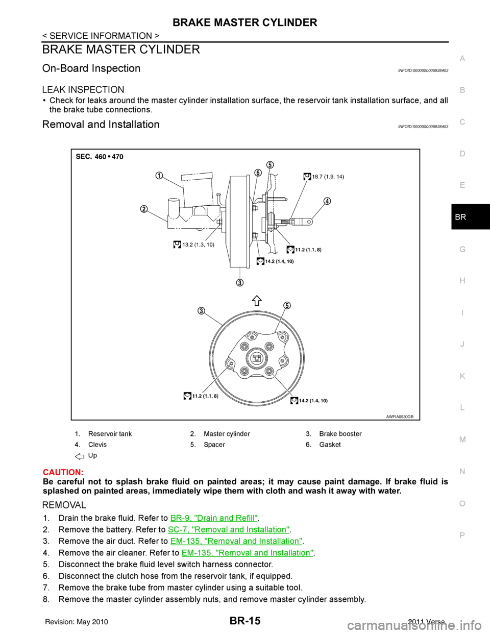 NISSAN LATIO 2011  Service Repair Manual BRAKE MASTER CYLINDERBR-15
< SERVICE INFORMATION >
C
DE
G H
I
J
K L
M A
B
BR
N
O P
BRAKE MASTER CYLINDER
On-Board InspectionINFOID:0000000005928402
LEAK INSPECTION
• Check for leaks around the maste