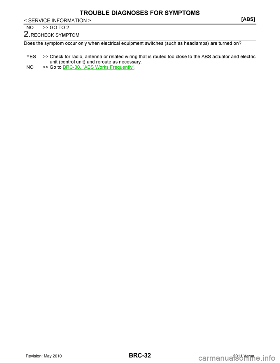 NISSAN LATIO 2011  Service Repair Manual BRC-32
< SERVICE INFORMATION >[ABS]
TROUBLE DIAGNOSES FOR SYMPTOMS
NO >> GO TO 2.
2.RECHECK SYMPTOM
Does the symptom occur only when electrical equi pment switches (such as headlamps) are turned on?
Y