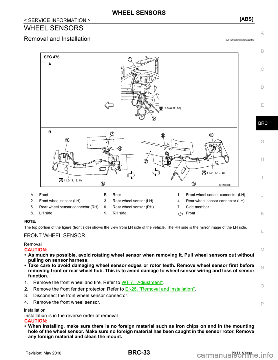 NISSAN LATIO 2011  Service Repair Manual WHEEL SENSORSBRC-33
< SERVICE INFORMATION > [ABS]
C
D
E
G H
I
J
K L
M A
B
BRC
N
O P
WHEEL SENSORS
Removal and InstallationINFOID:0000000005928457
NOTE:
The top portion of the figure (front side) shows
