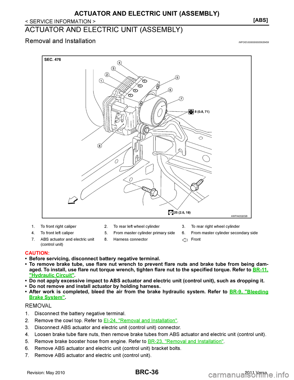 NISSAN LATIO 2011  Service Repair Manual BRC-36
< SERVICE INFORMATION >[ABS]
ACTUATOR AND ELECTRIC UNIT (ASSEMBLY)
ACTUATOR AND ELECTRIC UNIT (ASSEMBLY)
Removal and InstallationINFOID:0000000005928459
CAUTION:
• Before servicing, disconnec