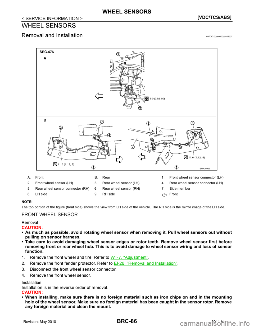 NISSAN LATIO 2011  Service Repair Manual BRC-86
< SERVICE INFORMATION >[VDC/TCS/ABS]
WHEEL SENSORS
WHEEL SENSORS
Removal and InstallationINFOID:0000000005928507
NOTE:
The top portion of the figure (front side) shows the view from LH side of 