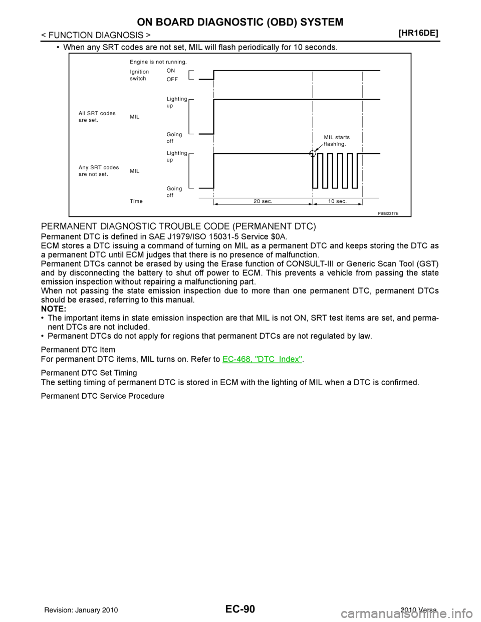 NISSAN LATIO 2010  Service Repair Manual EC-90
< FUNCTION DIAGNOSIS >[HR16DE]
ON BOARD DIAGNOSTIC (OBD) SYSTEM
• When any SRT codes are not set, MIL will flash periodically for 10 seconds.
PERMANENT DIAGNOSTIC TROUBLE CODE (PERMANENT DTC)
