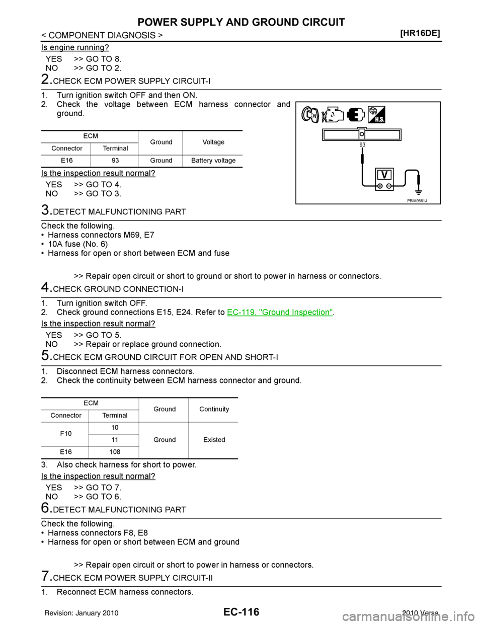 NISSAN LATIO 2010  Service Repair Manual EC-116
< COMPONENT DIAGNOSIS >[HR16DE]
POWER SUPPLY AND GROUND CIRCUIT
Is engine running?
YES >> GO TO 8.
NO >> GO TO 2.
2.CHECK ECM POWER SUPPLY CIRCUIT-I
1. Turn ignition switch OFF and then ON.
2. 