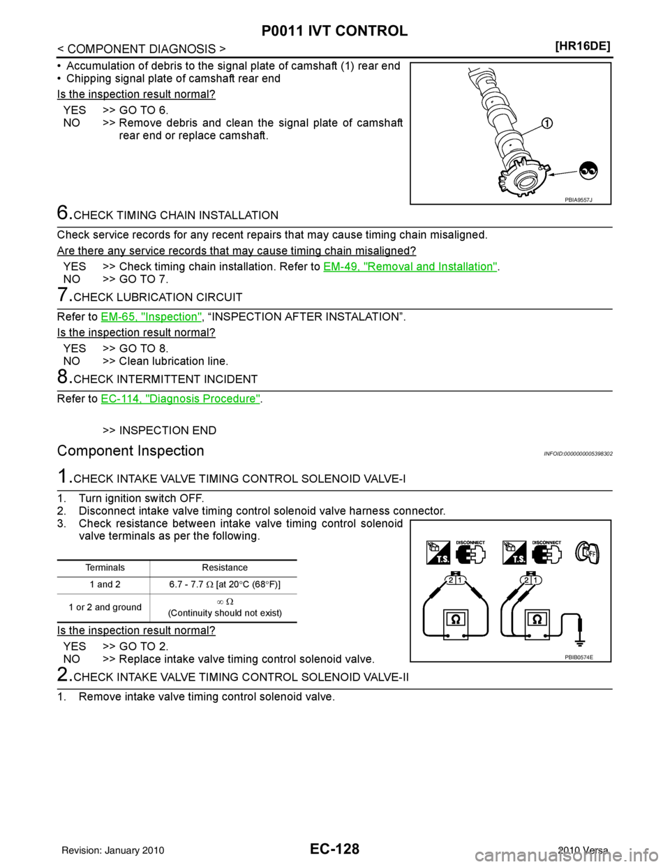 NISSAN LATIO 2010  Service Repair Manual EC-128
< COMPONENT DIAGNOSIS >[HR16DE]
P0011 IVT CONTROL
• Accumulation of debris to the si
gnal plate of camshaft (1) rear end
• Chipping signal plate of camshaft rear end
Is the inspection resul