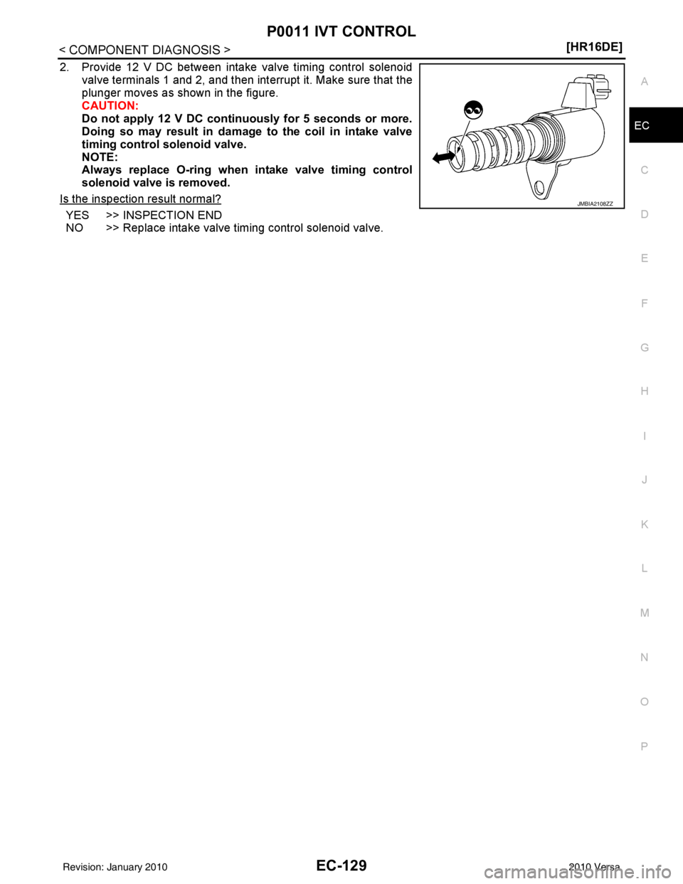NISSAN LATIO 2010  Service Repair Manual P0011 IVT CONTROLEC-129
< COMPONENT DIAGNOSIS > [HR16DE]
C
D
E
F
G H
I
J
K L
M A
EC
NP
O
2. Provide 12 V DC between intake valve timing control solenoid
valve terminals 1 and 2, and then interrupt it.