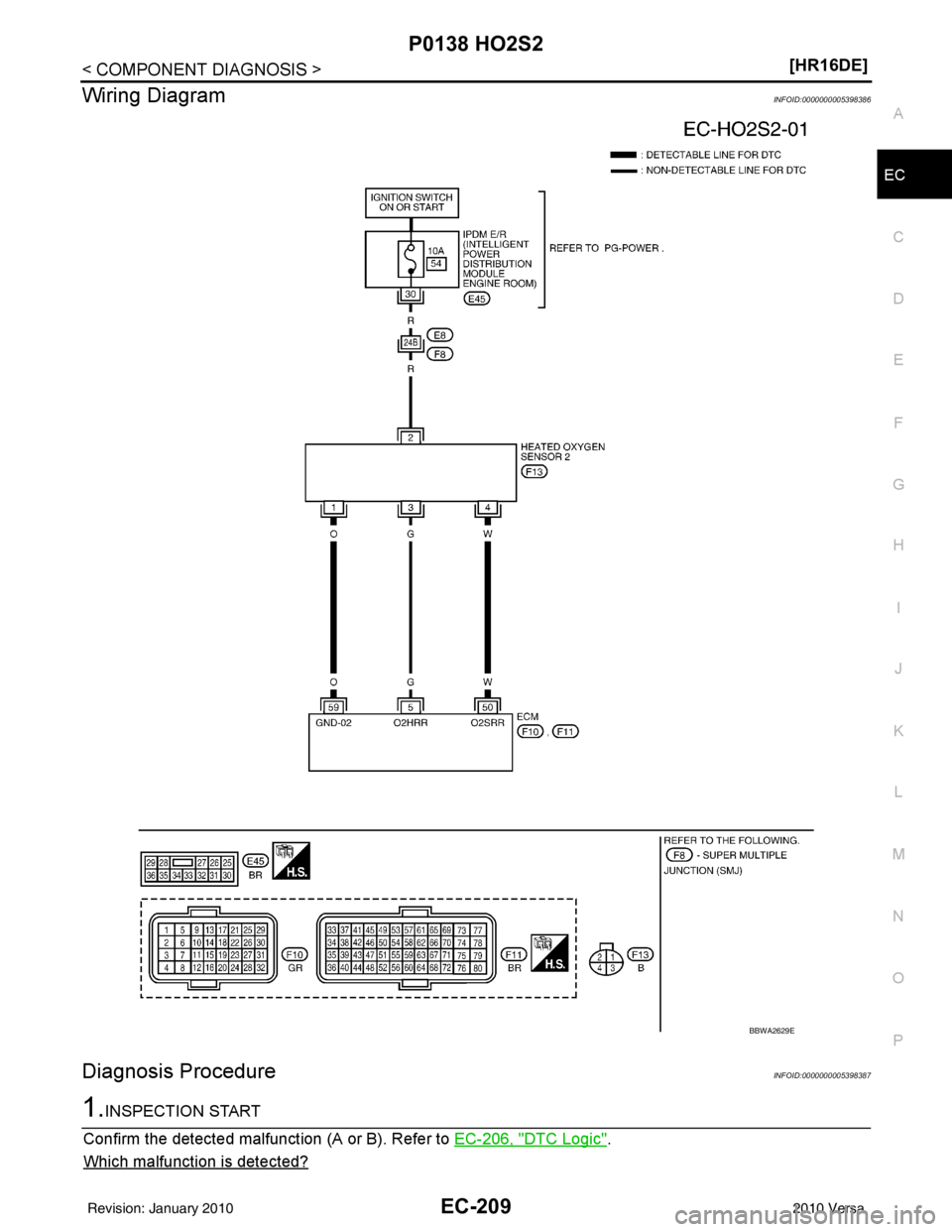 NISSAN LATIO 2010  Service Repair Manual P0138 HO2S2EC-209
< COMPONENT DIAGNOSIS > [HR16DE]
C
D
E
F
G H
I
J
K L
M A
EC
NP
O
Wiring DiagramINFOID:0000000005398386
Diagnosis ProcedureINFOID:0000000005398387
1.INSPECTION START
Confirm the detec