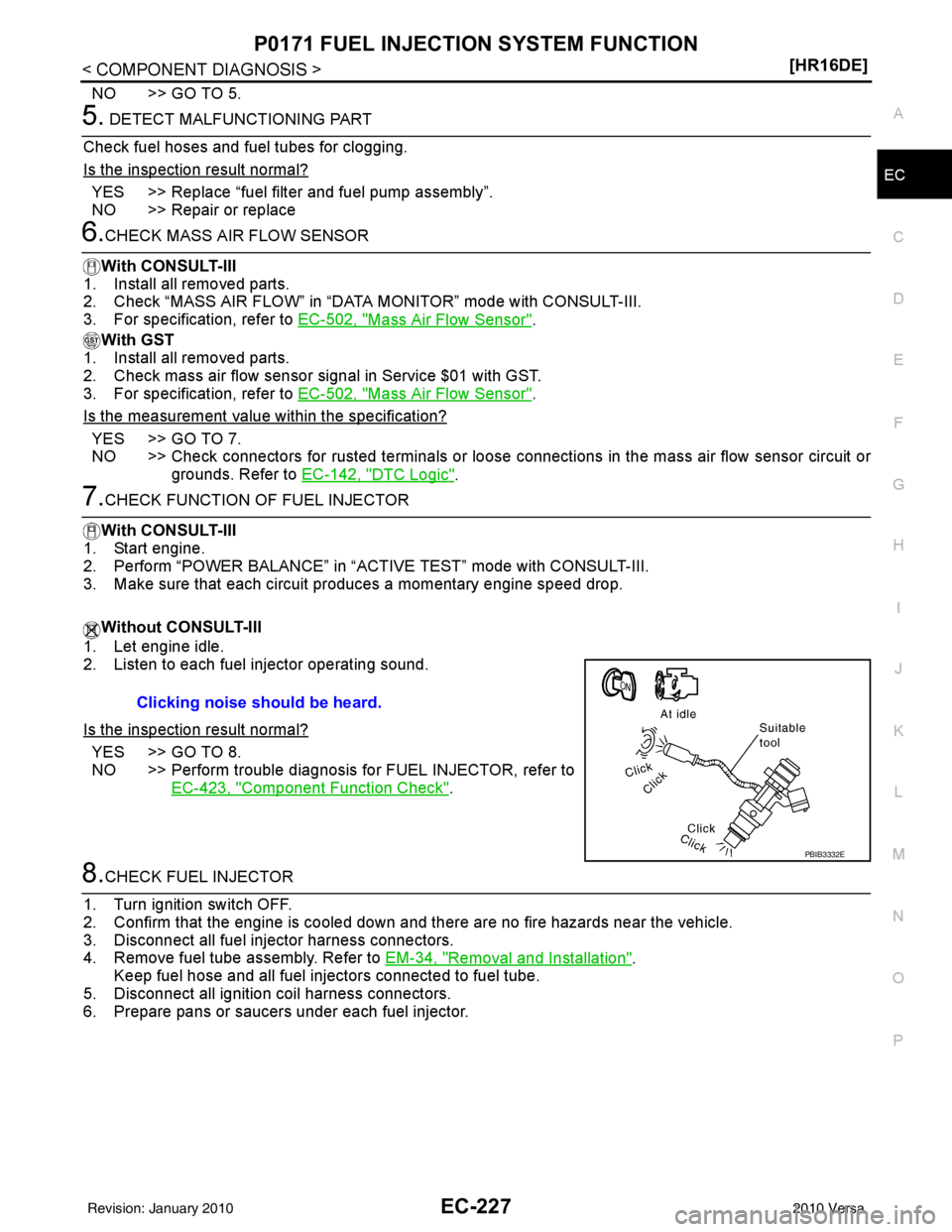 NISSAN LATIO 2010  Service Repair Manual P0171 FUEL INJECTION SYSTEM FUNCTIONEC-227
< COMPONENT DIAGNOSIS > [HR16DE]
C
D
E
F
G H
I
J
K L
M A
EC
NP
O
NO >> GO TO 5.
5. DETECT MALFUNCTIONING PART
Check fuel hoses and fuel tubes for clogging.
I