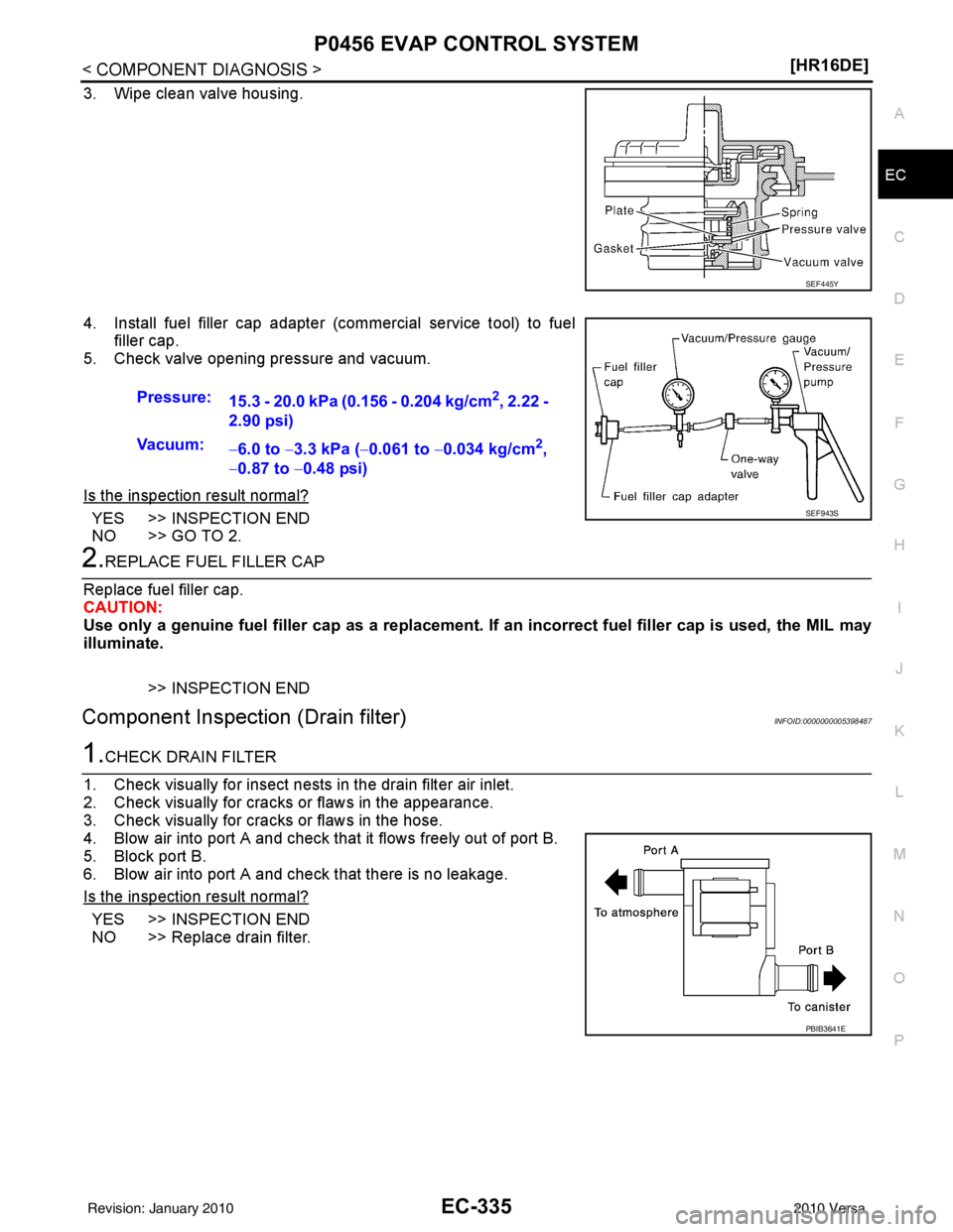 NISSAN LATIO 2010  Service Repair Manual P0456 EVAP CONTROL SYSTEMEC-335
< COMPONENT DIAGNOSIS > [HR16DE]
C
D
E
F
G H
I
J
K L
M A
EC
NP
O
3. Wipe clean valve housing.
4. Install fuel filler cap adapter (commercial service tool) to fuel
fille