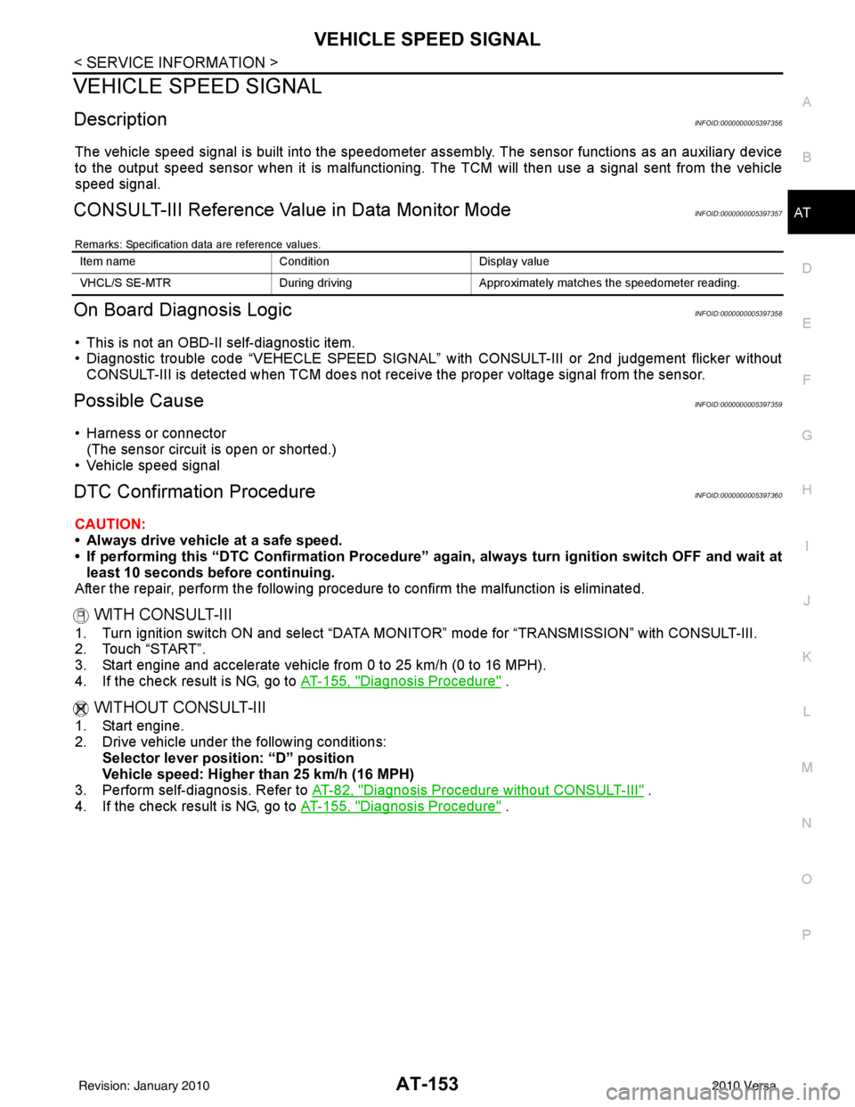 NISSAN LATIO 2010  Service Repair Manual VEHICLE SPEED SIGNALAT-153
< SERVICE INFORMATION >
DE
F
G H
I
J
K L
M A
B
AT
N
O P
VEHICLE SPEED SIGNAL
DescriptionINFOID:0000000005397356
The vehicle speed signal is built into the speedometer assemb