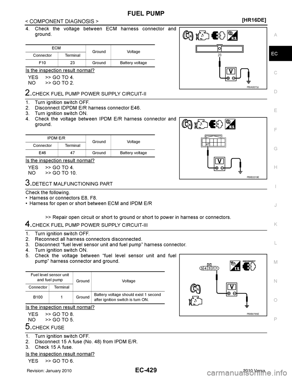 NISSAN LATIO 2010  Service Repair Manual FUEL PUMPEC-429
< COMPONENT DIAGNOSIS > [HR16DE]
C
D
E
F
G H
I
J
K L
M A
EC
NP
O
4. Check the voltage between ECM harness connector and
ground.
Is the inspection result normal?
YES >> GO TO 4.
NO >> G