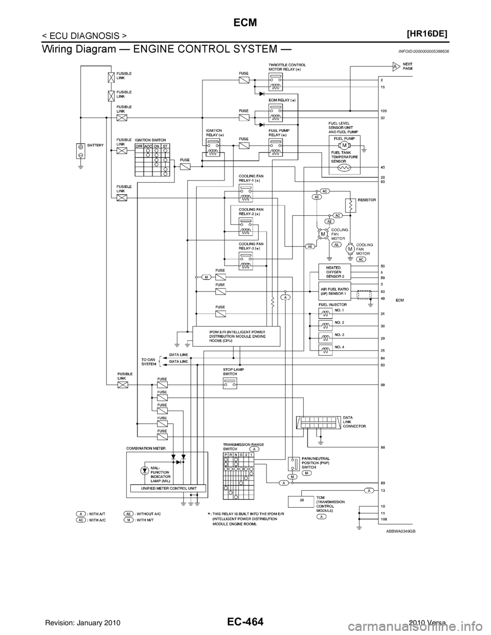 NISSAN LATIO 2010  Service Repair Manual EC-464
< ECU DIAGNOSIS >[HR16DE]
ECM
Wiring Diagram — ENGINE CONTROL SYSTEM —
INFOID:0000000005398636
ABBWA0349GB
Revision: January 20102010 Versa 