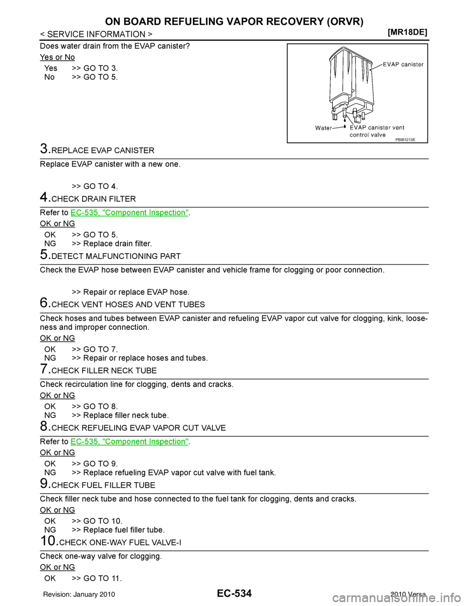 NISSAN LATIO 2010  Service Repair Manual EC-534
< SERVICE INFORMATION >[MR18DE]
ON BOARD REFUELING VAPOR RECOVERY (ORVR)
Does water drain from the EVAP canister?
Ye s  o r  N o
Ye s > > G O  T O  3 .
No >> GO TO 5.
3.REPLACE EVAP CANISTER
Re