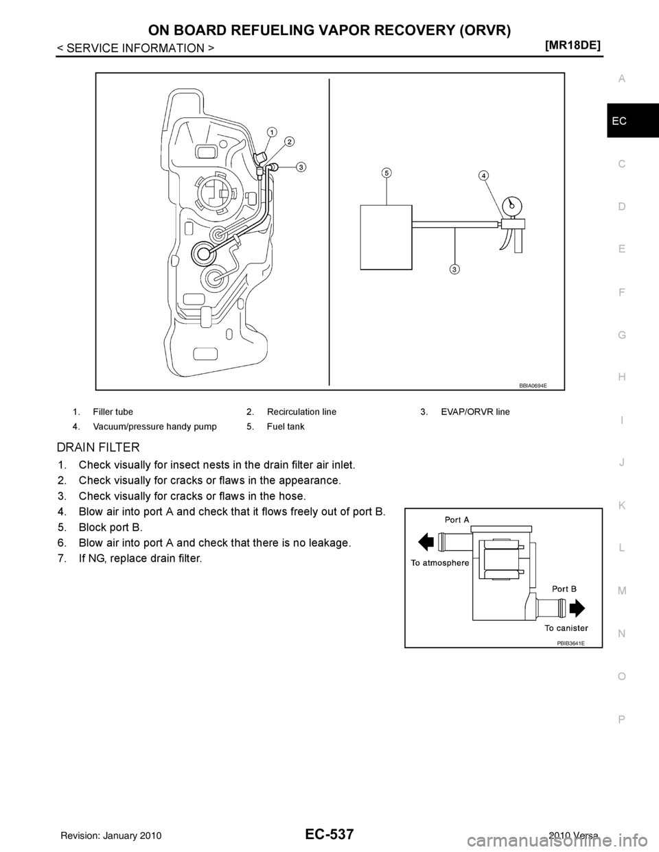 NISSAN LATIO 2010  Service Repair Manual ON BOARD REFUELING VAPOR RECOVERY (ORVR)EC-537
< SERVICE INFORMATION > [MR18DE]
C
D
E
F
G H
I
J
K L
M A
EC
NP
O
DRAIN FILTER
1. Check visually for insect nests in the drain filter air inlet.
2. Check 