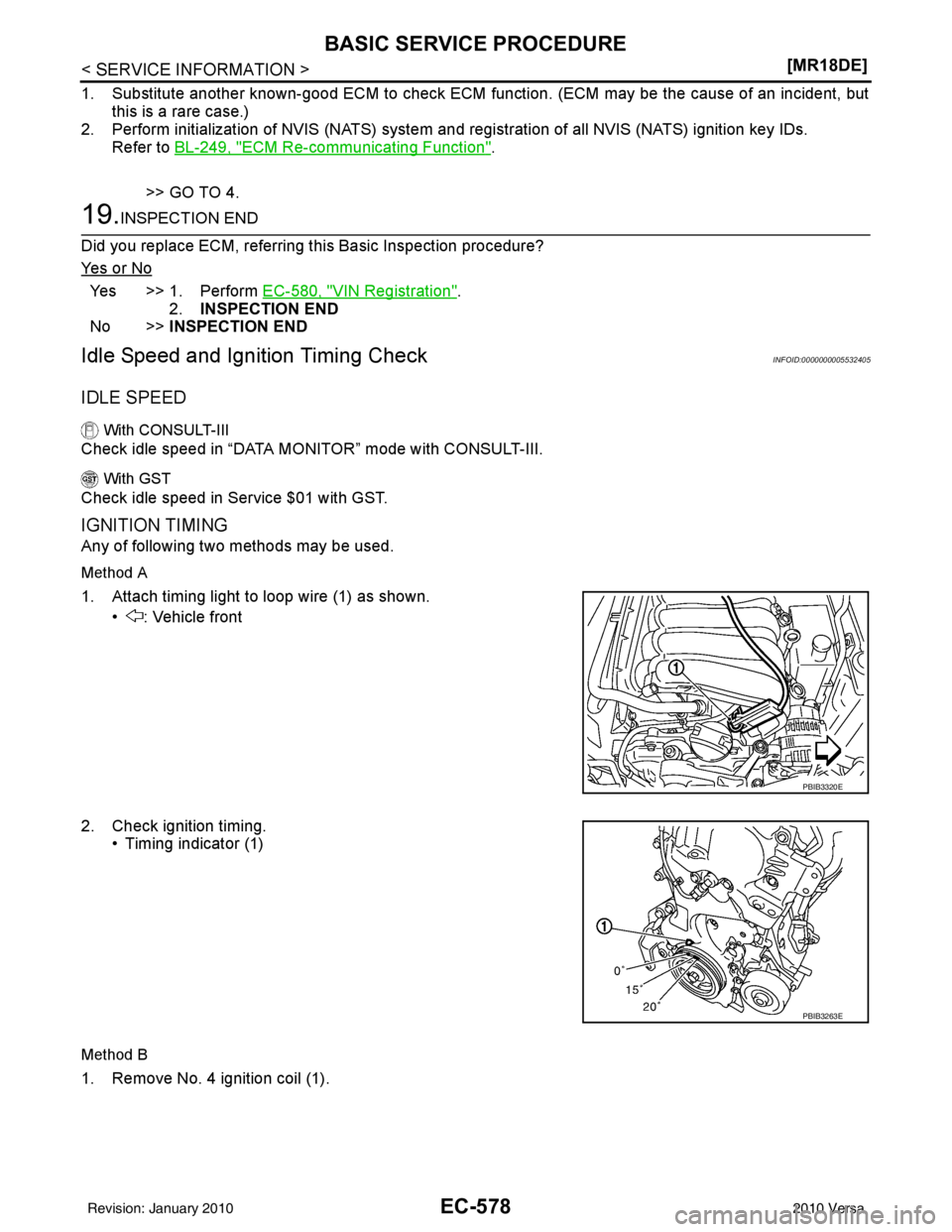 NISSAN LATIO 2010  Service Repair Manual EC-578
< SERVICE INFORMATION >[MR18DE]
BASIC SERVICE PROCEDURE
1. Substitute another known-good ECM to check ECM function. (ECM may be the cause of an incident, but
this is a rare case.)
2. Perform in