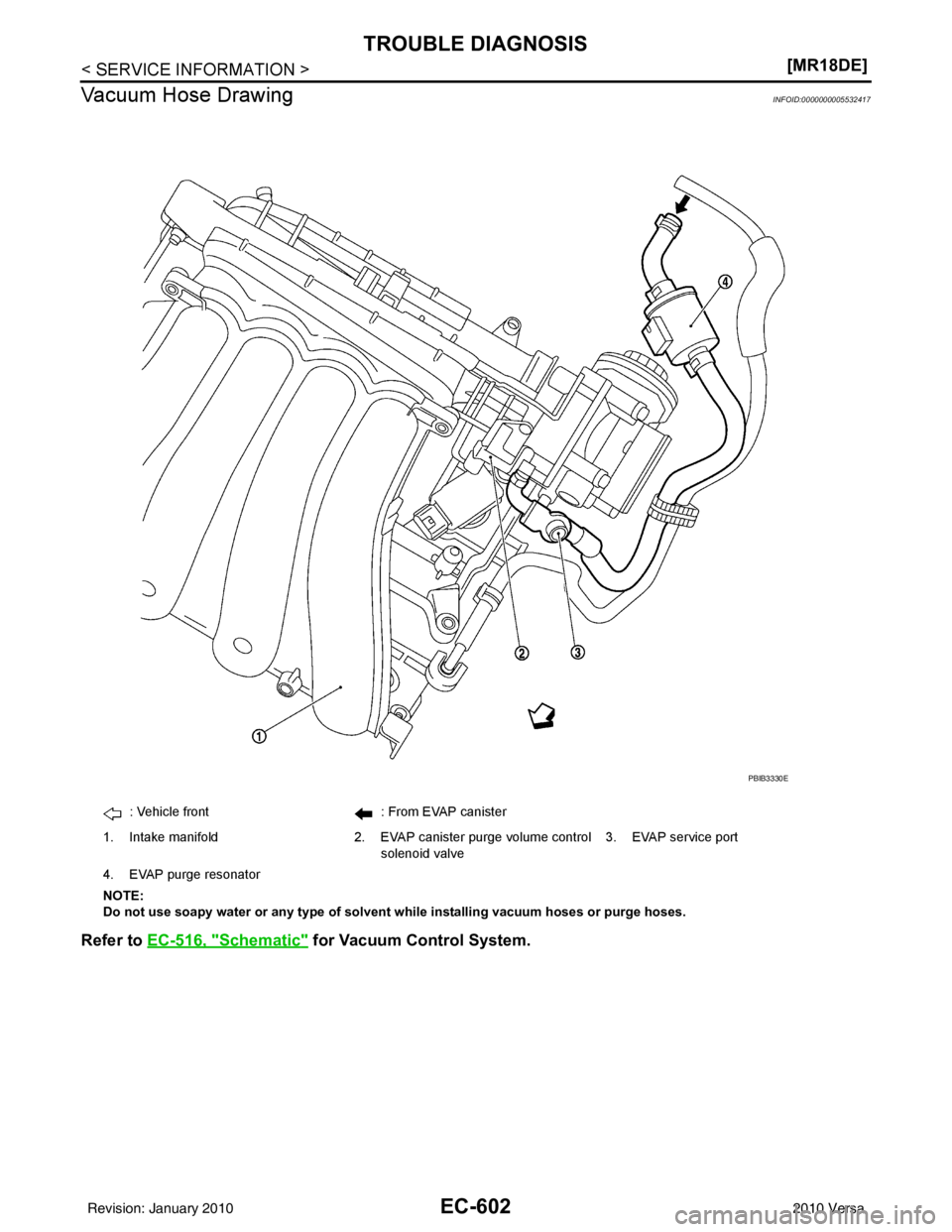 NISSAN LATIO 2010  Service Repair Manual EC-602
< SERVICE INFORMATION >[MR18DE]
TROUBLE DIAGNOSIS
Vacuum Hose Drawing
INFOID:0000000005532417
Refer to  EC-516, "Schematic" for Vacuum Control System.
: Vehicle front : From EVAP canister
1. In