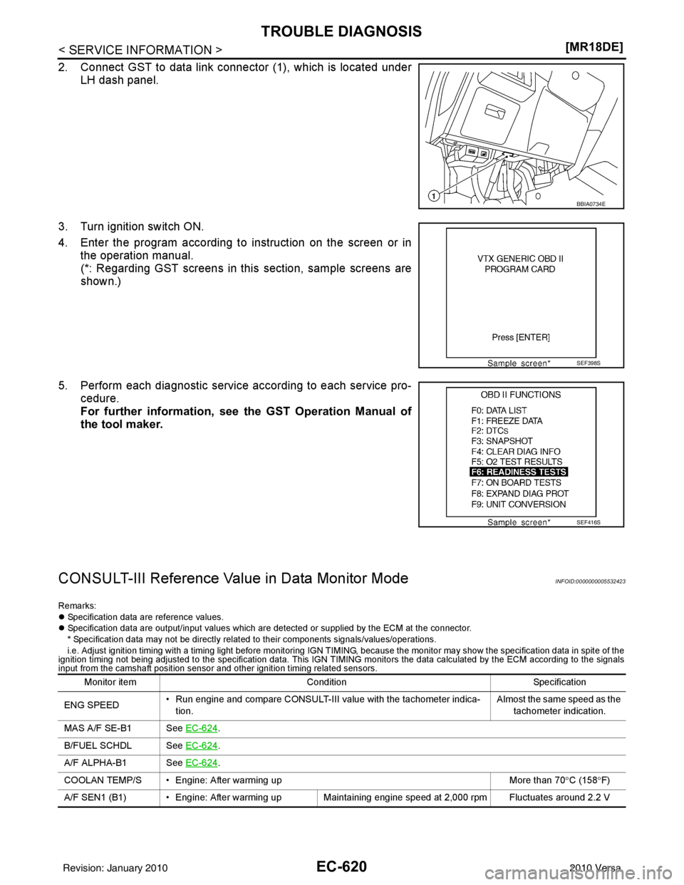 NISSAN LATIO 2010  Service Repair Manual EC-620
< SERVICE INFORMATION >[MR18DE]
TROUBLE DIAGNOSIS
2. Connect GST to data link connector (1), which is located under
LH dash panel.
3. Turn ignition switch ON.
4. Enter the program according to 