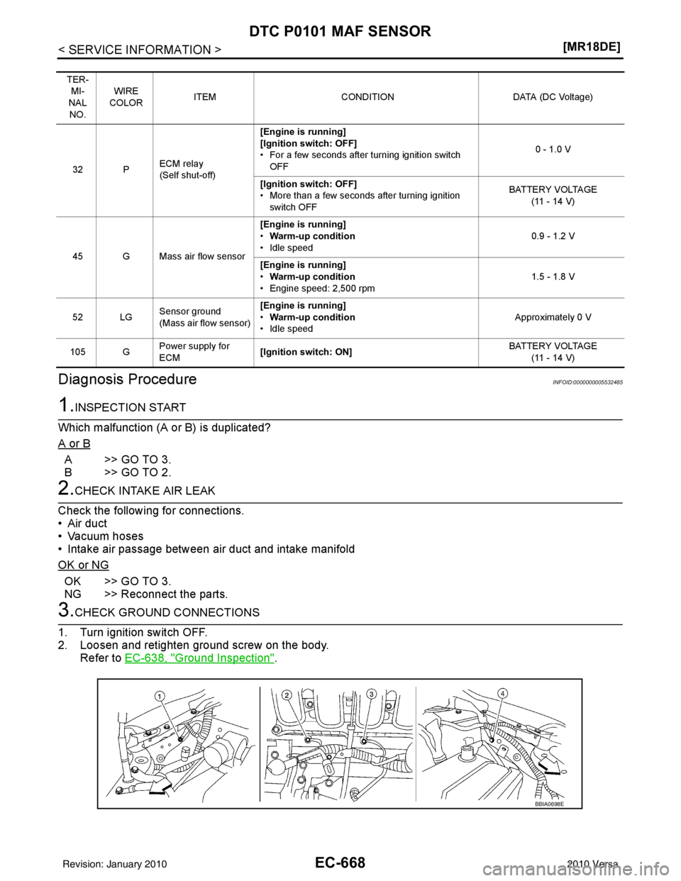 NISSAN LATIO 2010  Service Repair Manual EC-668
< SERVICE INFORMATION >[MR18DE]
DTC P0101 MAF SENSOR
Diagnosis Procedure
INFOID:0000000005532485
1.INSPECTION START
Which malfunction (A or B) is duplicated?
A or B
A>>GO TO 3.
B>>GO TO 2.
2.CH