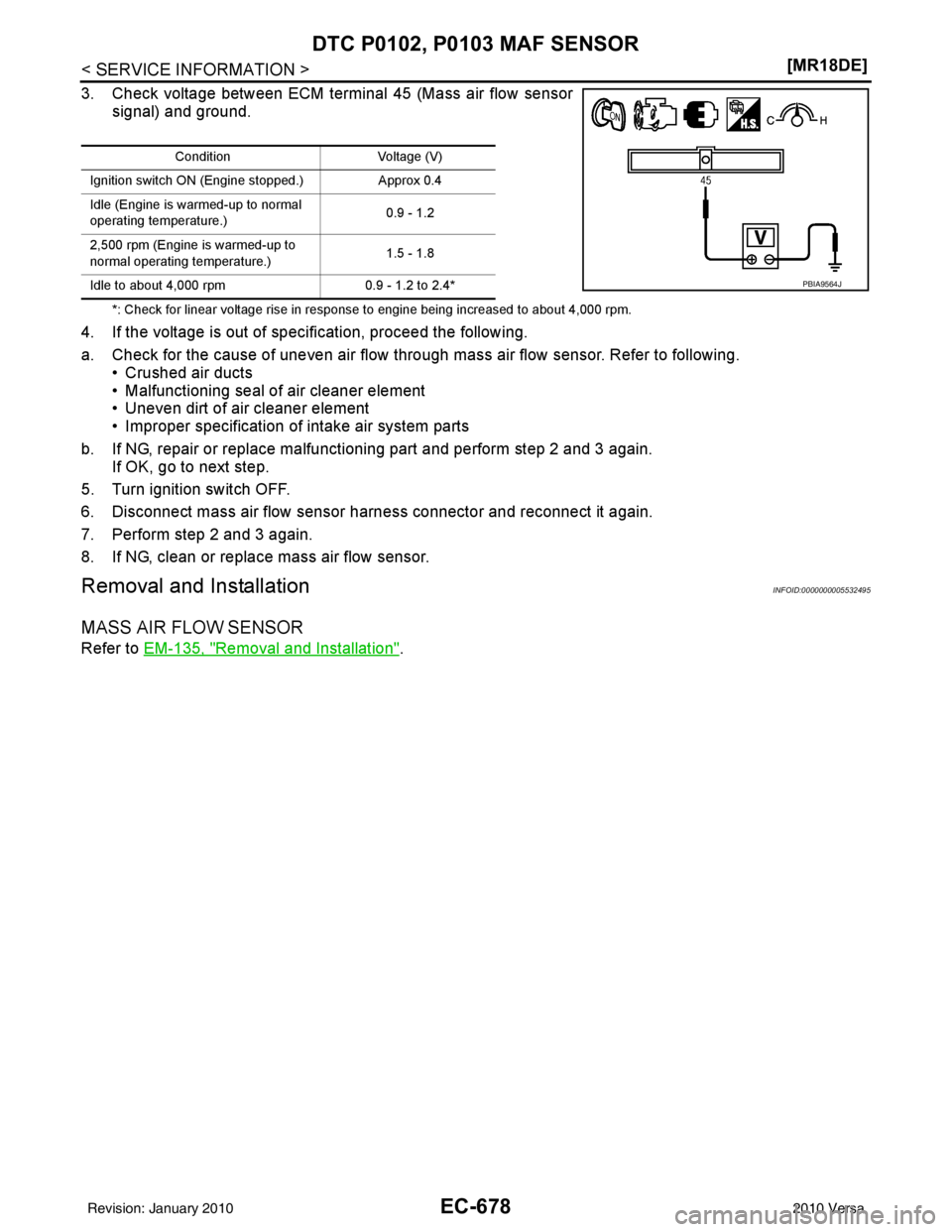NISSAN LATIO 2010  Service Repair Manual EC-678
< SERVICE INFORMATION >[MR18DE]
DTC P0102, P0103 MAF SENSOR
3. Check voltage between ECM terminal 45 (Mass air flow sensor
signal) and ground.
*: Check for linear voltage rise in response to en