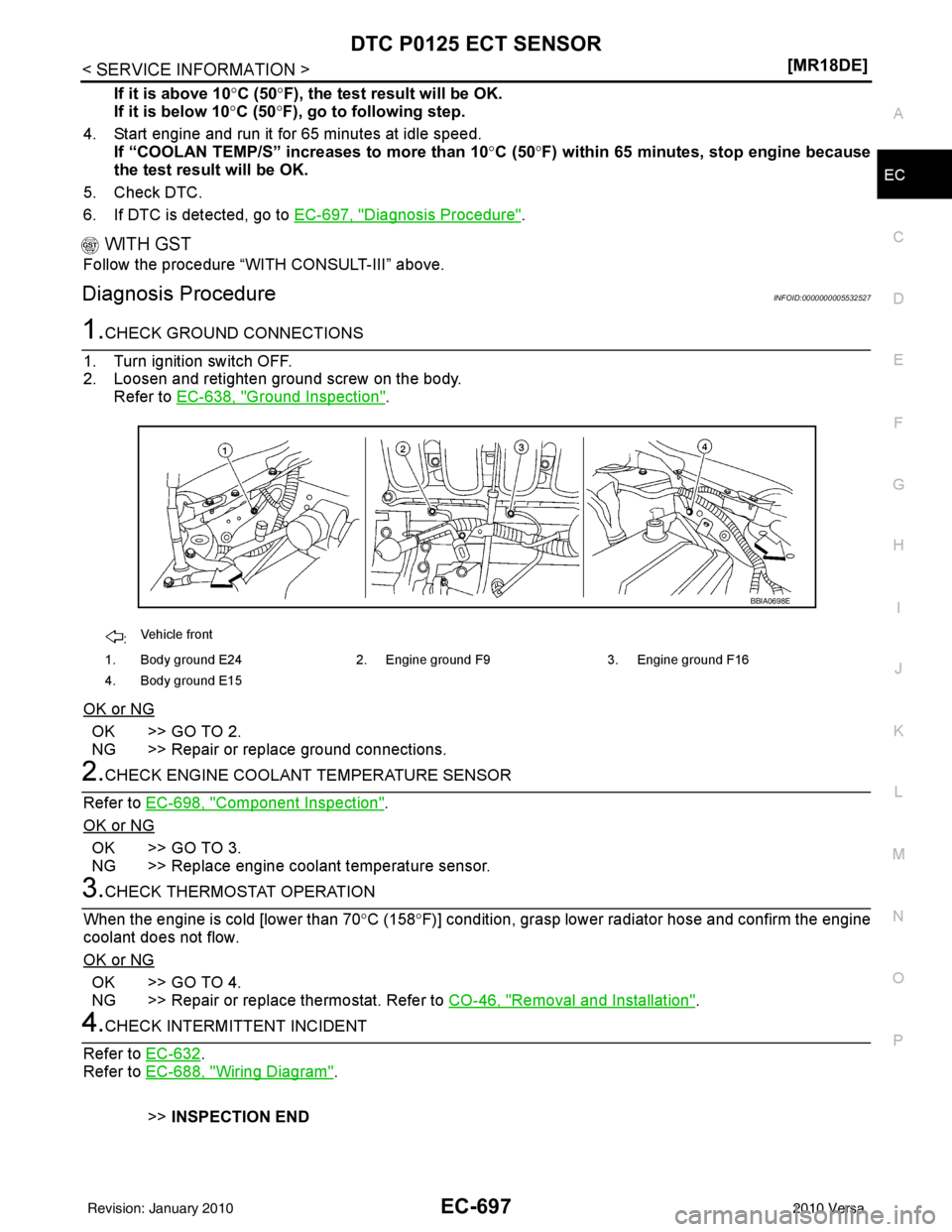 NISSAN LATIO 2010  Service Repair Manual DTC P0125 ECT SENSOREC-697
< SERVICE INFORMATION > [MR18DE]
C
D
E
F
G H
I
J
K L
M A
EC
NP
O
If it is above 10°
C (50°F), the test result will be OK.
If it is below 10 °C (50° F), go to following s