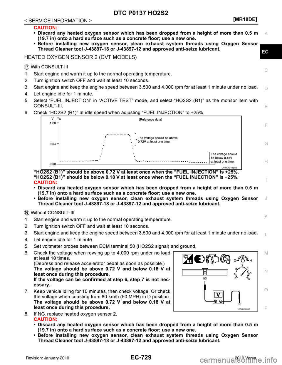 NISSAN LATIO 2010  Service Repair Manual DTC P0137 HO2S2EC-729
< SERVICE INFORMATION > [MR18DE]
C
D
E
F
G H
I
J
K L
M A
EC
NP
O
CAUTION:
• Discard any heated oxygen sensor which has been dropped from a height of more than 0.5 m
(19.7 in) o