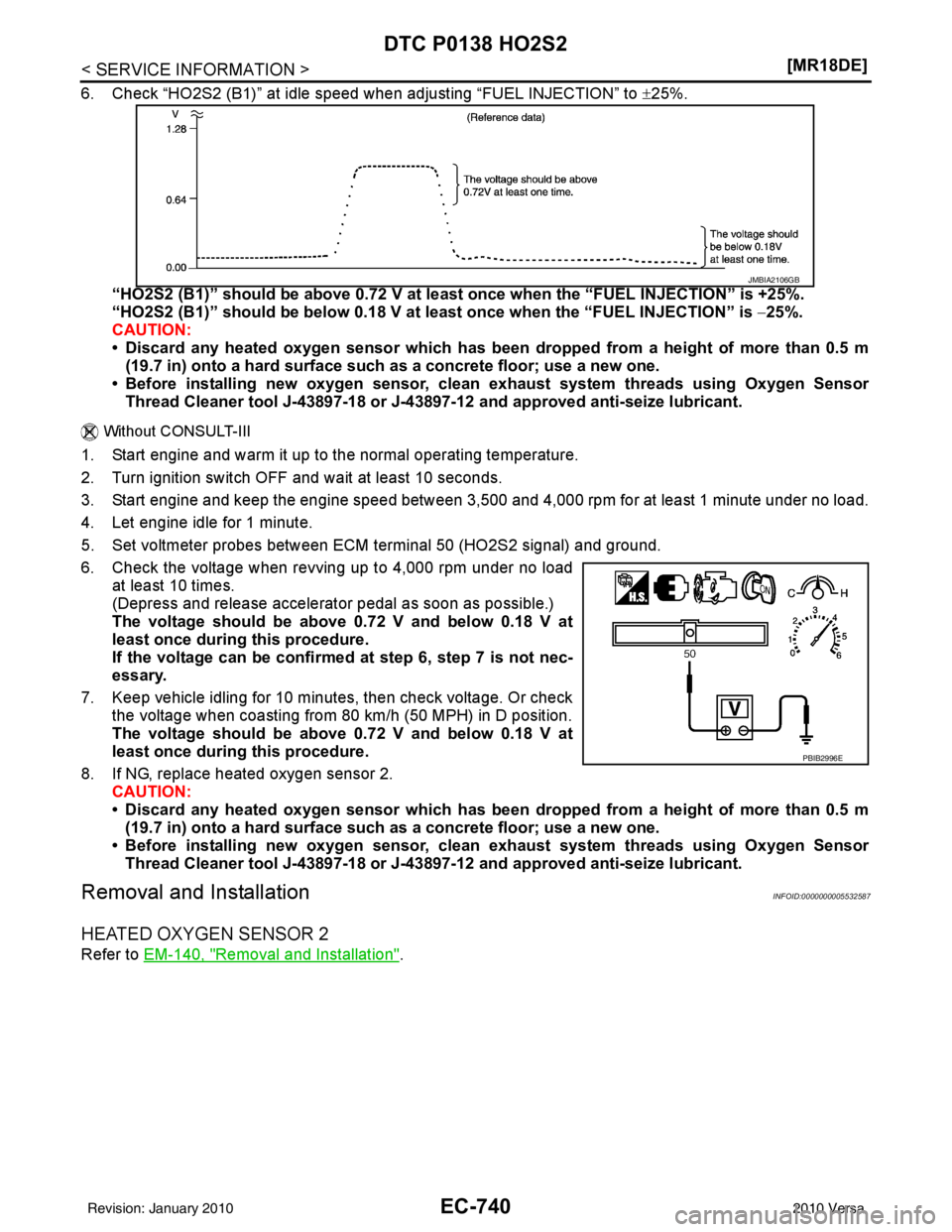 NISSAN LATIO 2010  Service Repair Manual EC-740
< SERVICE INFORMATION >[MR18DE]
DTC P0138 HO2S2
6. Check “HO2S2 (B1)” at idle speed when adjusting “FUEL INJECTION” to 
±25%.
“HO2S2 (B1)” should be above 0.72 V at l east once whe