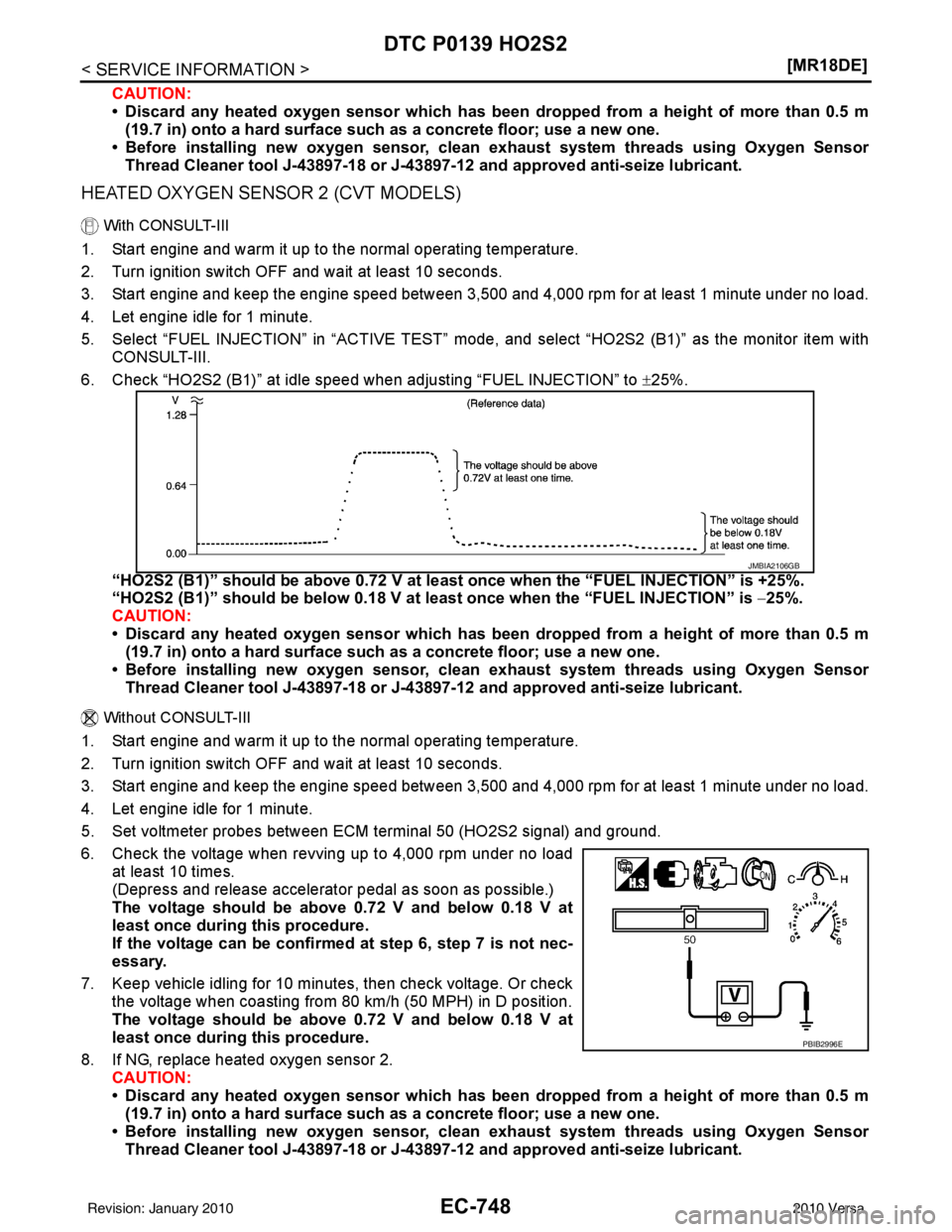 NISSAN LATIO 2010  Service Repair Manual EC-748
< SERVICE INFORMATION >[MR18DE]
DTC P0139 HO2S2
CAUTION:
• Discard any heated oxygen senso
r which has been dropped from a height of more than 0.5 m
(19.7 in) onto a hard surface such as a co
