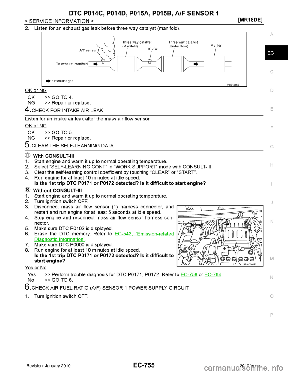 NISSAN LATIO 2010  Service Repair Manual DTC P014C, P014D, P015A, P015B, A/F SENSOR 1
EC-755
< SERVICE INFORMATION > [MR18DE]
C
D
E
F
G H
I
J
K L
M A
EC
NP
O
2. Listen for an exhaust gas leak before three way catalyst (manifold).
OK or NG
OK