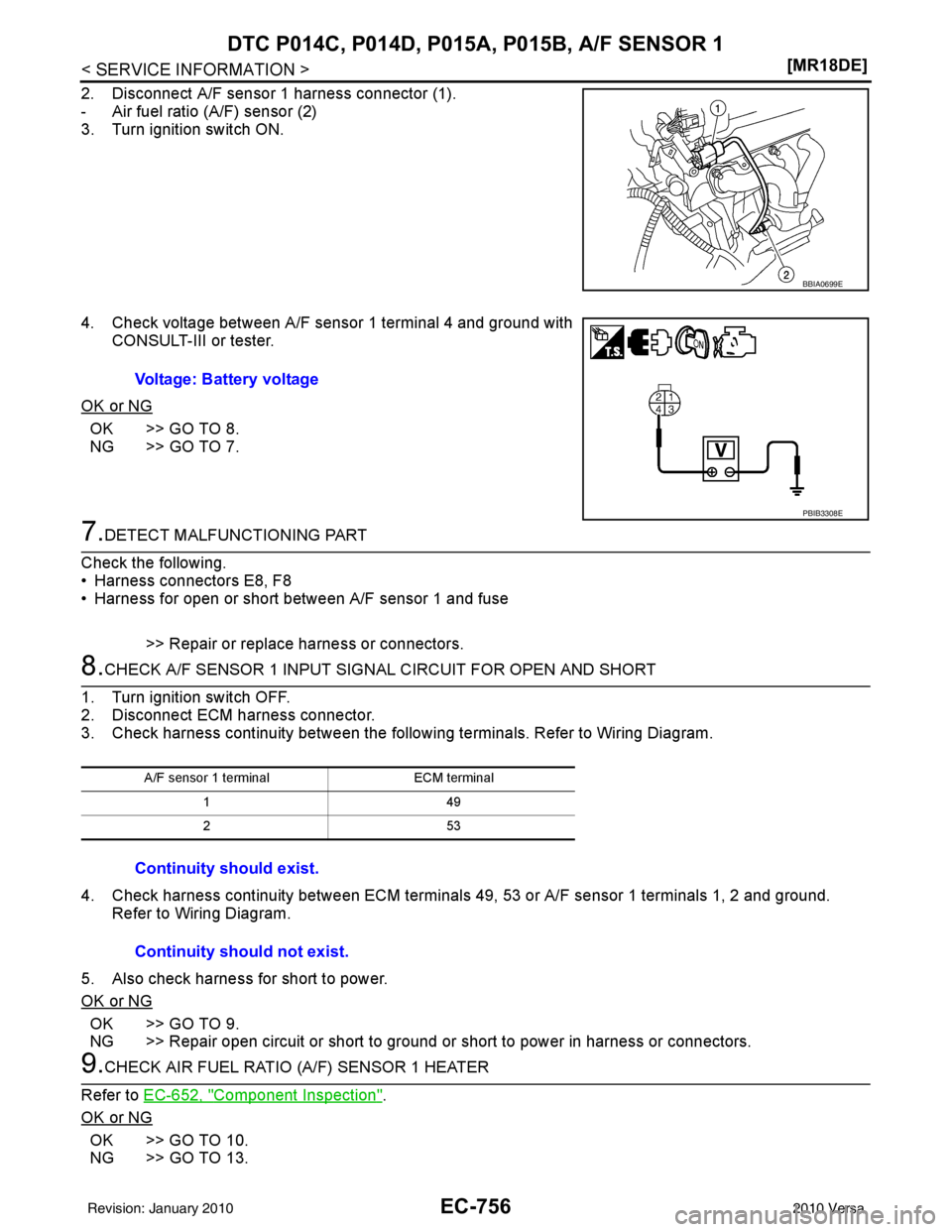 NISSAN LATIO 2010  Service Repair Manual EC-756
< SERVICE INFORMATION >[MR18DE]
DTC P014C, P014D, P015A, P015B, A/F SENSOR 1
2. Disconnect A/F sensor 1 harness connector (1).
- Air fuel ratio (A/F) sensor (2)
3. Turn ignition switch ON.
4. C