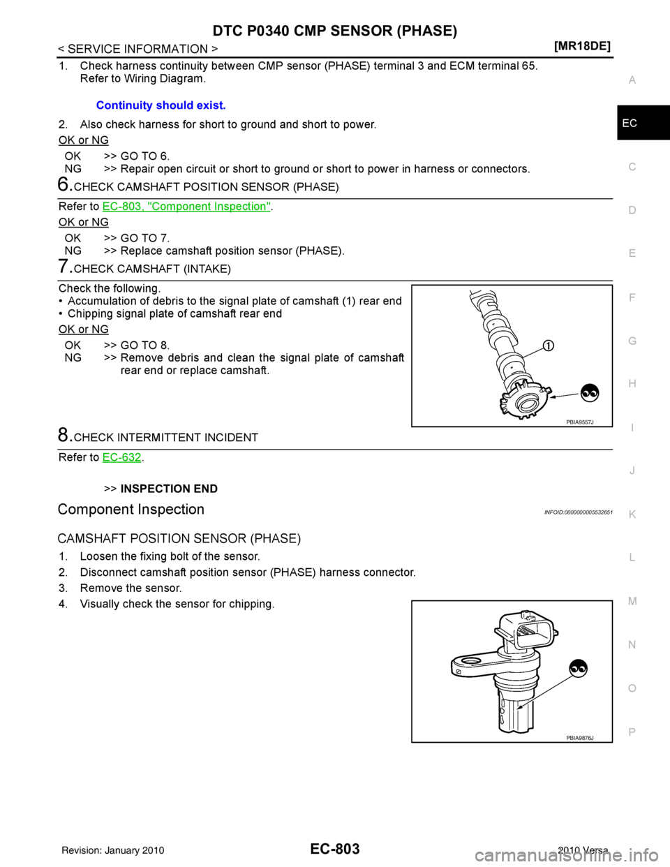 NISSAN LATIO 2010  Service Repair Manual DTC P0340 CMP SENSOR (PHASE)EC-803
< SERVICE INFORMATION > [MR18DE]
C
D
E
F
G H
I
J
K L
M A
EC
NP
O
1. Check harness continuity between CMP sens
or (PHASE) terminal 3 and ECM terminal 65. 
Refer to Wi