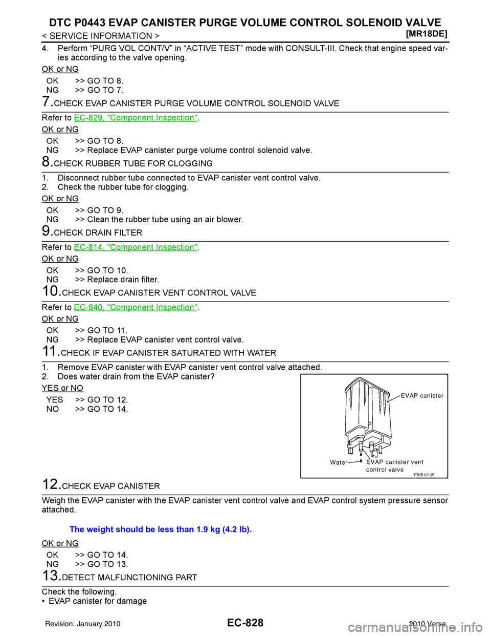 NISSAN LATIO 2010  Service Repair Manual EC-828
< SERVICE INFORMATION >[MR18DE]
DTC P0443 EVAP CANISTER PURGE VO
LUME CONTROL SOLENOID VALVE
4. Perform “PURG VOL CONT/V” in “ACTIVE TEST” mode with CONSULT-III. Check that engine speed