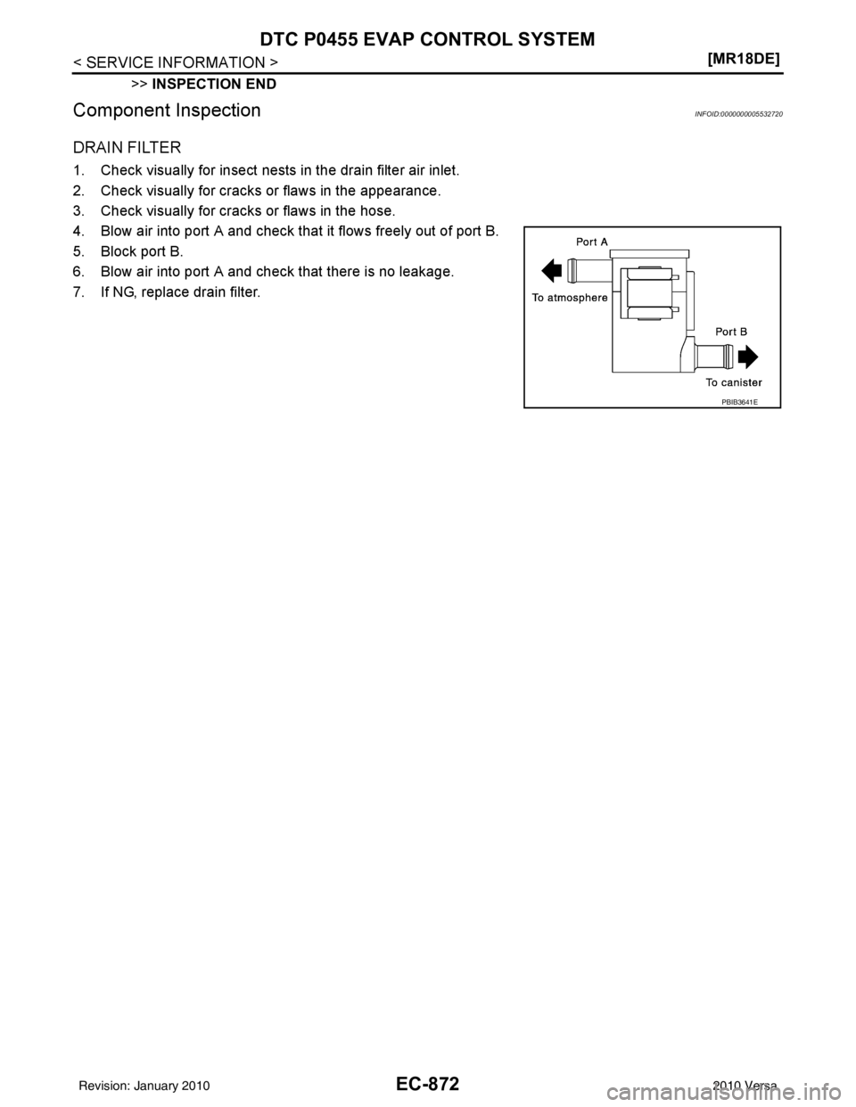 NISSAN LATIO 2010  Service Repair Manual EC-872
< SERVICE INFORMATION >[MR18DE]
DTC P0455 EVAP CONTROL SYSTEM
>>
INSPECTION END
Component InspectionINFOID:0000000005532720
DRAIN FILTER
1. Check visually for insect nests in the drain filter a