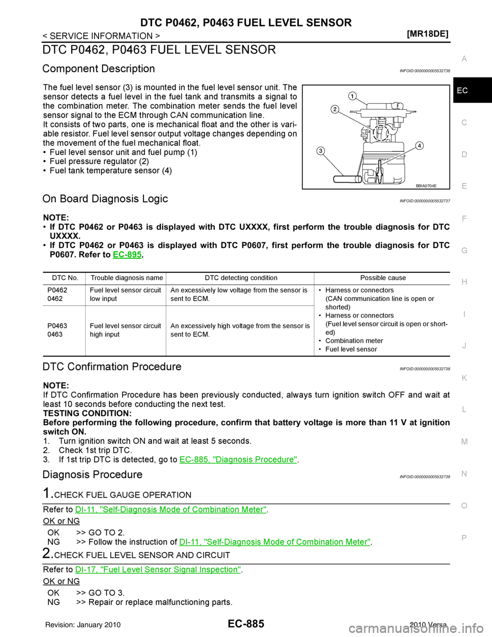 NISSAN LATIO 2010  Service Repair Manual DTC P0462, P0463 FUEL LEVEL SENSOREC-885
< SERVICE INFORMATION > [MR18DE]
C
D
E
F
G H
I
J
K L
M A
EC
NP
O
DTC P0462, P0463 FUEL LEVEL SENSOR
Component DescriptionINFOID:0000000005532736
The fuel level