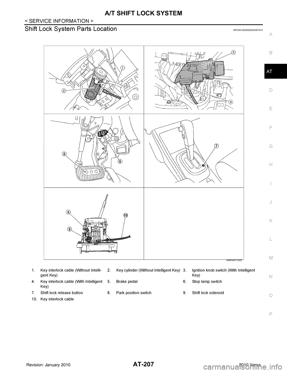 NISSAN LATIO 2010  Service Repair Manual A/T SHIFT LOCK SYSTEMAT-207
< SERVICE INFORMATION >
DE
F
G H
I
J
K L
M A
B
AT
N
O P
Shift Lock System Parts LocationINFOID:0000000005397414
1. Key interlock cable (Without Intelli- gent Key) 2. Key cy