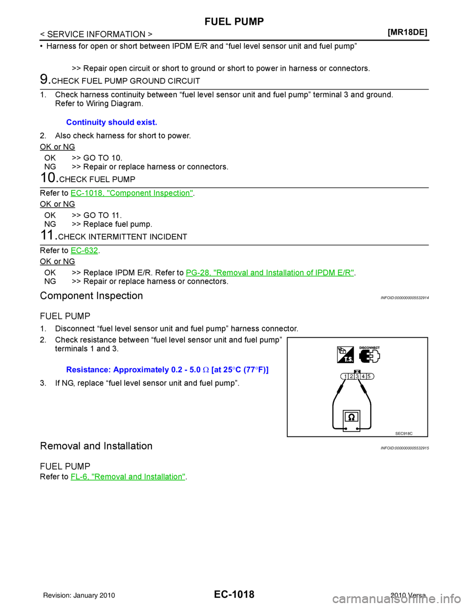 NISSAN LATIO 2010  Service Repair Manual EC-1018
< SERVICE INFORMATION >[MR18DE]
FUEL PUMP
• Harness for open or short between IPDM E/R 
and “fuel level sensor unit and fuel pump”
>> Repair open circuit or short to ground or short to p