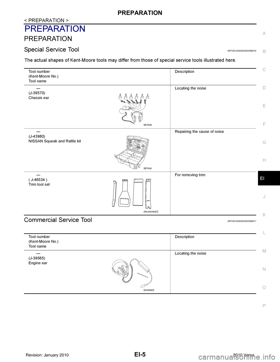 NISSAN LATIO 2010 Service Repair Manual PREPARATIONEI-5
< PREPARATION >
C
DE
F
G H
J
K L
M A
B
EI
N
O P
PREPARATION
PREPARATION
Special Service ToolINFOID:0000000005396816
The actual shapes of Kent-Moore tools may differ from those of speci NISSAN LATIO 2010 Service Repair Manual PREPARATIONEI-5
< PREPARATION >
C
DE
F
G H
J
K L
M A
B
EI
N
O P
PREPARATION
PREPARATION
Special Service ToolINFOID:0000000005396816
The actual shapes of Kent-Moore tools may differ from those of speci