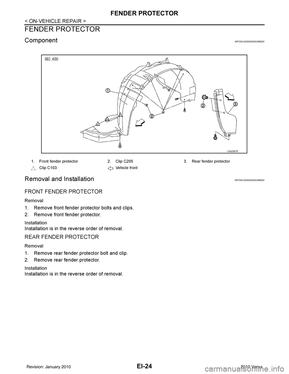 NISSAN LATIO 2010  Service Repair Manual EI-24
< ON-VEHICLE REPAIR >
FENDER PROTECTOR
FENDER PROTECTOR
ComponentINFOID:0000000005396828
Removal and InstallationINFOID:0000000005396829
FRONT FENDER PROTECTOR
Removal
1. Remove front fender pro