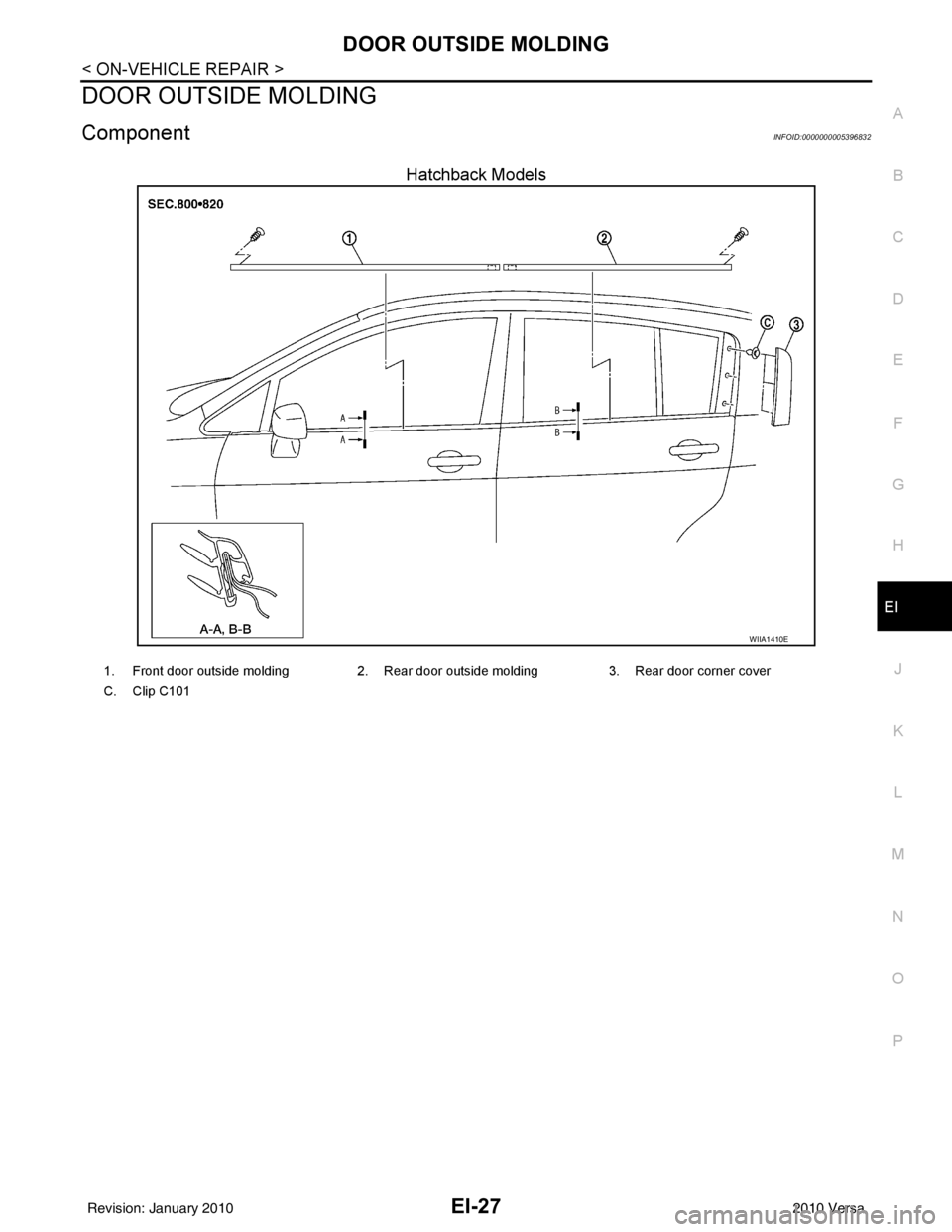 NISSAN LATIO 2010  Service Repair Manual DOOR OUTSIDE MOLDINGEI-27
< ON-VEHICLE REPAIR >
C
DE
F
G H
J
K L
M A
B
EI
N
O P
DOOR OUTSIDE MOLDING
ComponentINFOID:0000000005396832
Hatchback Models
WIIA1410E
1. Front door outside molding 2. Rear d