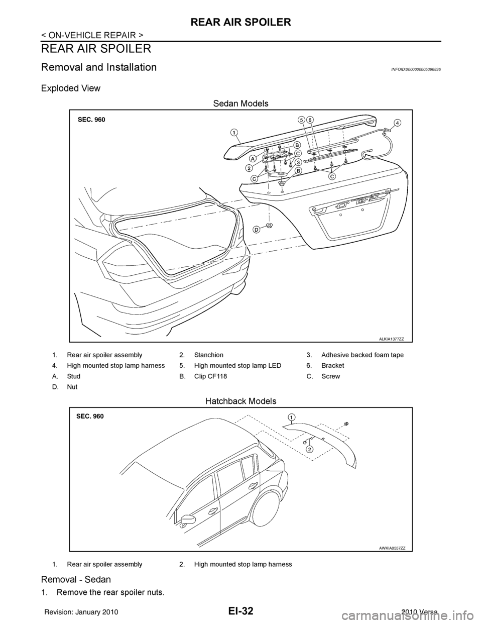 NISSAN LATIO 2010  Service Repair Manual EI-32
< ON-VEHICLE REPAIR >
REAR AIR SPOILER
REAR AIR SPOILER
Removal and InstallationINFOID:0000000005396836
Exploded View
Sedan Models
Hatchback Models
Removal - Sedan
1. Remove the rear spoiler nut