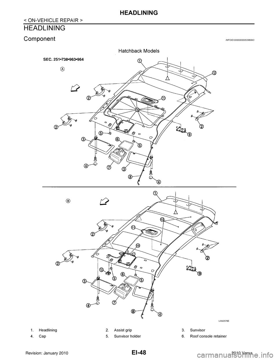 NISSAN LATIO 2010  Service Repair Manual EI-48
< ON-VEHICLE REPAIR >
HEADLINING
HEADLINING
ComponentINFOID:0000000005396843
Hatchback Models
LIIA2576E
1. Headlining2. Assist grip 3. Sunvisor
4. Cap 5. Sunvisor holder 6. Roof console retainer