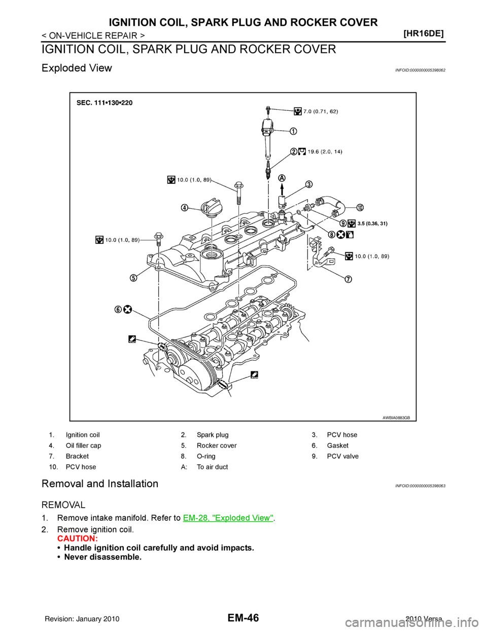 NISSAN LATIO 2010  Service Repair Manual EM-46
< ON-VEHICLE REPAIR >[HR16DE]
IGNITION COIL, SPARK PLUG AND ROCKER COVER
IGNITION COIL, SPARK 
PLUG AND ROCKER COVER
Exploded ViewINFOID:0000000005398062
Removal and InstallationINFOID:000000000