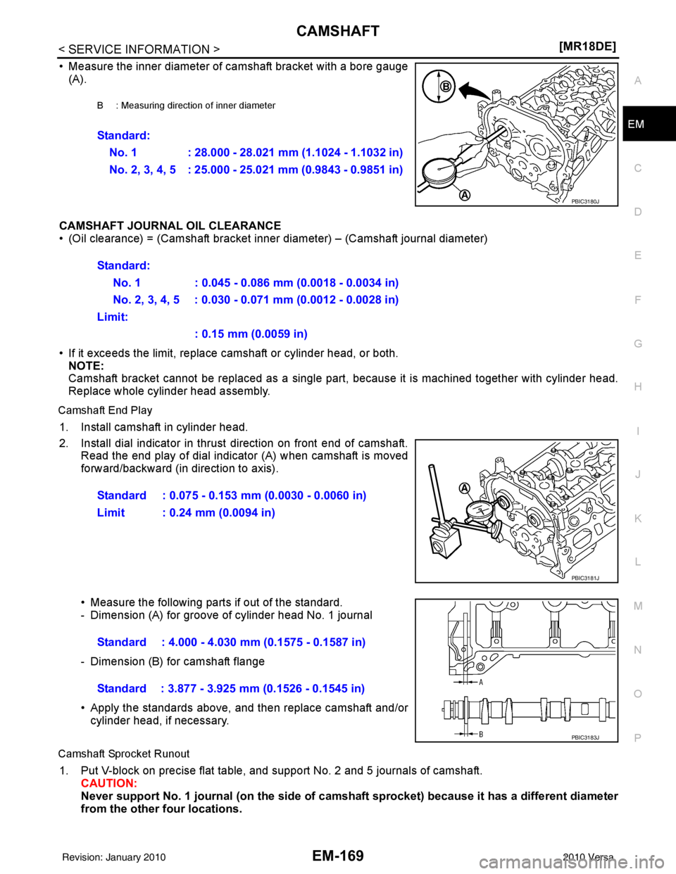 NISSAN LATIO 2010  Service Repair Manual CAMSHAFTEM-169
< SERVICE INFORMATION > [MR18DE]
C
D
E
F
G H
I
J
K L
M A
EM
NP
O
• Measure the inner diameter of camshaft bracket with a bore gauge
(A).
CAMSHAFT JOURNAL OIL CLEARANCE
• (Oil cleara