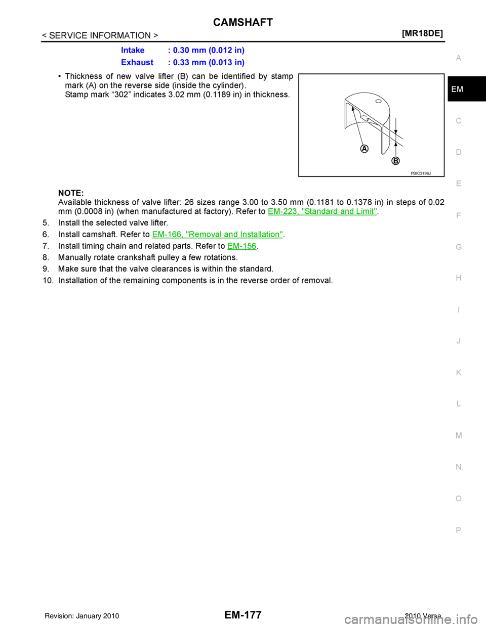 NISSAN LATIO 2010  Service Repair Manual CAMSHAFTEM-177
< SERVICE INFORMATION > [MR18DE]
C
D
E
F
G H
I
J
K L
M A
EM
NP
O
• Thickness of new valve lifter (B) can be identified by stamp
mark (A) on the reverse side (inside the cylinder).
Sta