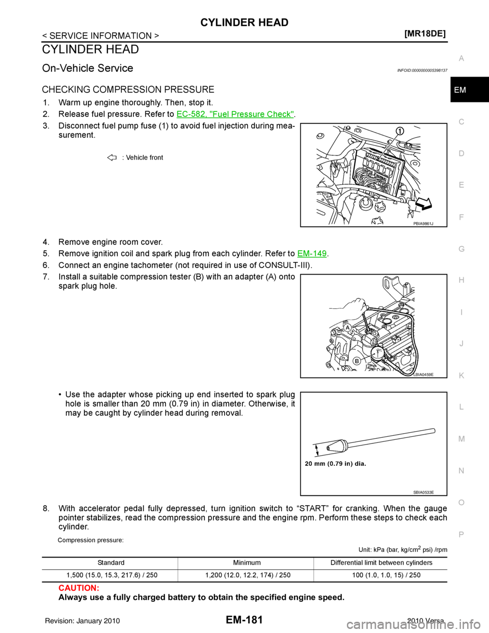 NISSAN LATIO 2010  Service Repair Manual CYLINDER HEADEM-181
< SERVICE INFORMATION > [MR18DE]
C
D
E
F
G H
I
J
K L
M A
EM
NP
O
CYLINDER HEAD
On-Vehicle ServiceINFOID:0000000005398137
CHECKING COMPRESSION PRESSURE
1. Warm up engine thoroughly.
