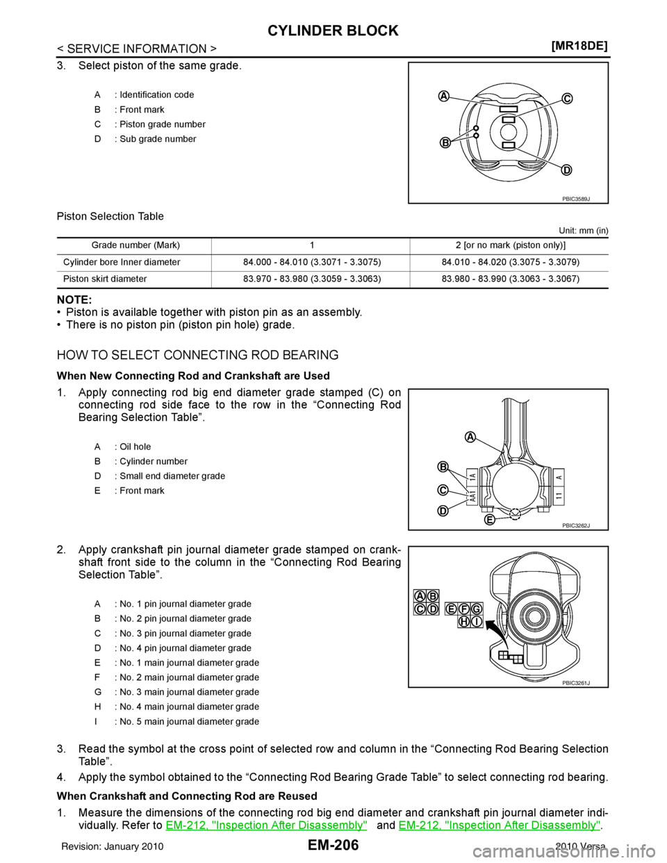 NISSAN LATIO 2010  Service Repair Manual EM-206
< SERVICE INFORMATION >[MR18DE]
CYLINDER BLOCK
3. Select piston of the same grade.
Piston Selection Table
Unit: mm (in)
NOTE:
• Piston is available together with piston pin as an assembly. 
