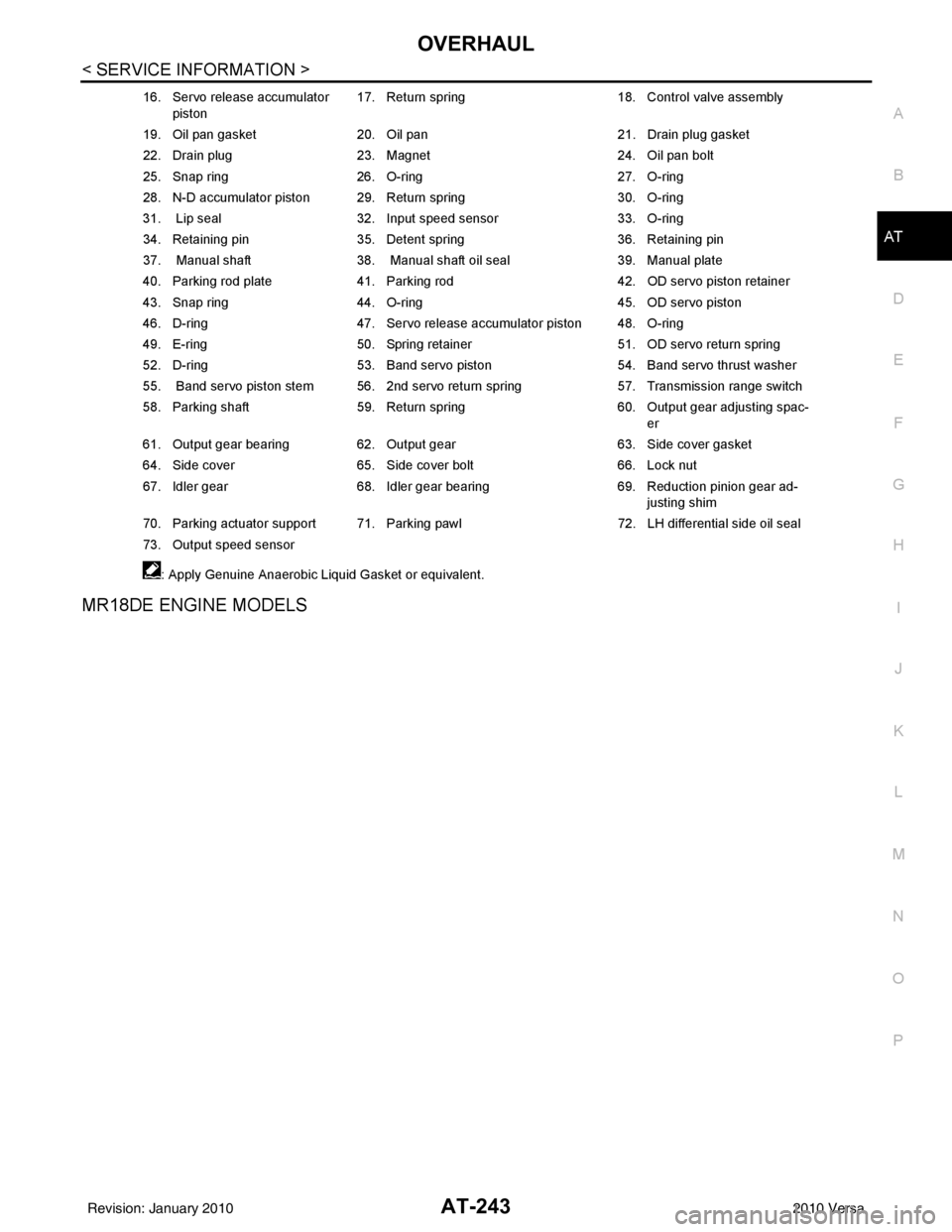 NISSAN LATIO 2010  Service Repair Manual OVERHAULAT-243
< SERVICE INFORMATION >
DE
F
G H
I
J
K L
M A
B
AT
N
O P
MR18DE ENGINE MODELS
16. Servo release accumulator  piston 17. Return spring
18. Control valve assembly
19. Oil pan gasket 20. Oi