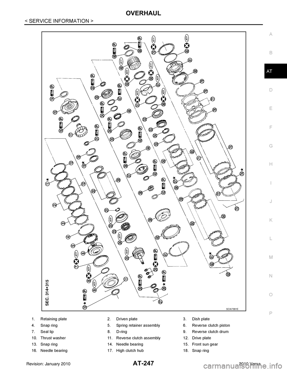 NISSAN LATIO 2010  Service Repair Manual OVERHAULAT-247
< SERVICE INFORMATION >
DE
F
G H
I
J
K L
M A
B
AT
N
O P
1. Retaining plate 2. Driven plate3. Dish plate
4. Snap ring 5. Spring retainer assembly6. Reverse clutch piston
7. Seal lip 8. D